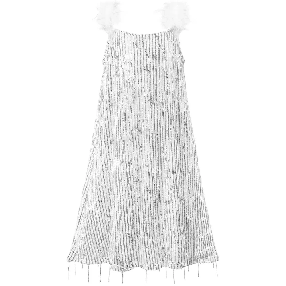 EXARUS Girls White Silver Sequin‎ Fringe Dress Feather Straps Size 14Y Hair Bow